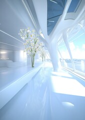 Fototapeta premium Interior Moderno Minimalista com Vista Panorâmica e Orquídeas Brancas