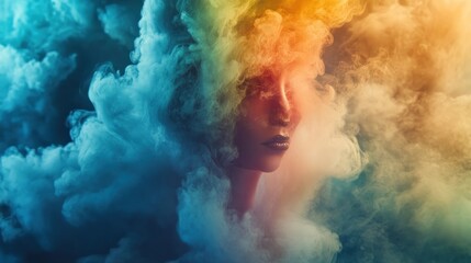 Naklejka premium Serene woman enshrouded in a symphony of vibrant, ethereal, smoky tendrils