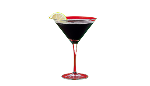 Dark cocktail garnished with lemon