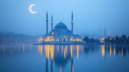 Fototapeta premium Mosque by a lake at dawn with a crescent moon