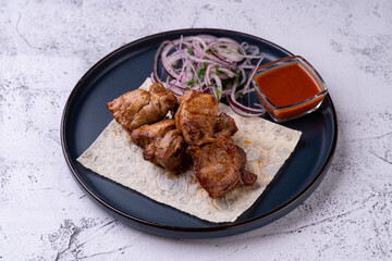 Grilled pieces of meat artfully arranged on fresh flatbread, accompanied by thinly sliced onions and a tangy red sauce, inviting the senses to indulge in rich flavors