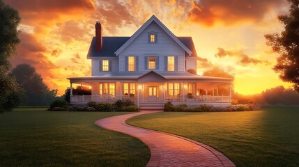A charming farmhouse at sunset with a winding pathway.