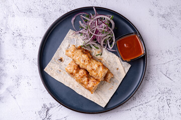Delightful culinary creation highlights scrumptious rolls elegantly plated with finely sliced onions and a vibrant sauce, set against a minimalist background, evoking a modern dining experience