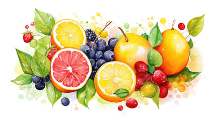 Vibrant Watercolor Fruit Composition Featuring Citrus and Tropical Fruits on Transparent Background

