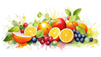 Vibrant Watercolor Fruit Composition Featuring Citrus and Tropical Fruits on Transparent Background

