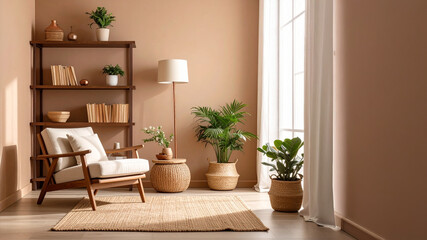Fototapeta premium A beautifully styled living room corner featuring a wooden armchair with plush cushions, a decorative shelf with books and plants, and a soft beige rug. Natural light enhances the serene, cozy ambianc