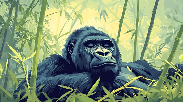 Gorilla resting in a lush bamboo forest.