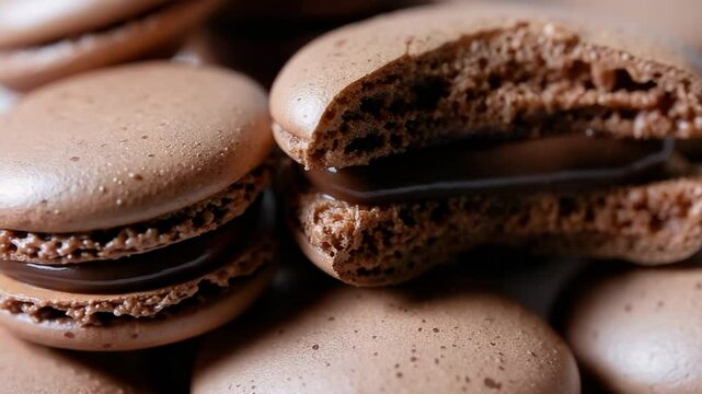 A close up of chocolate macarons