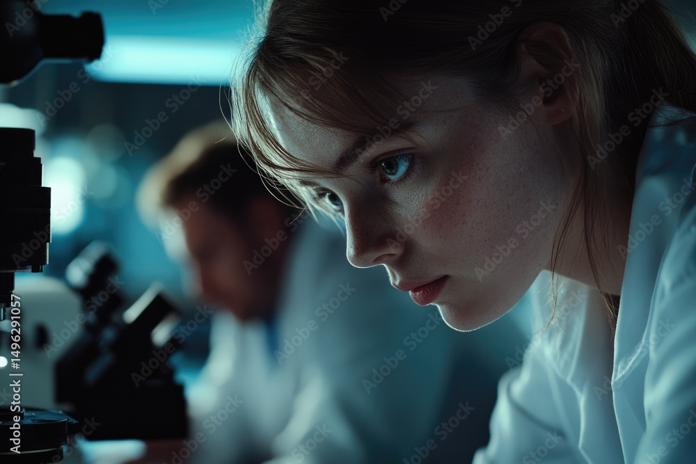 Poster focused female scientist intently using a microscope in a laboratory setting.