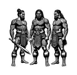 Fototapeta premium Three Fierce Maori Warriors Standing with Traditional Tattoos and Weapons in Detailed Illustration