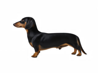 Black and tan dachshund with floppy ears and short legs, isolated on transparent background