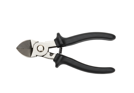Angled view of silver and black handled side cutting pliers with spring