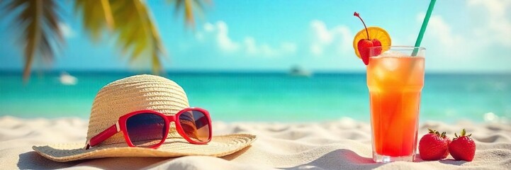 A vibrant summer scene featuring trendy sunglasses, a straw hat, and a refreshing beverage on a sun-drenched beach  Perfect for travel, fashion, and lifestyle blogs , holiday, sky