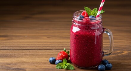 Berry smoothie in a jar with fresh fruits and a straw