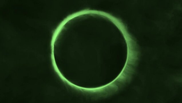 Luminous green glowing ring resembling a solar eclipse or energy circle radiating soft haze on a dark maroon background. Concept of astronomy, mysticism, eclipse and cosmic energy loop animation
