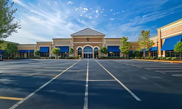 Retail Strip Mall Front Facade with Blue Awnings Open Parking And Green Trees On Sunny Day Under a Clear Blue Sky For