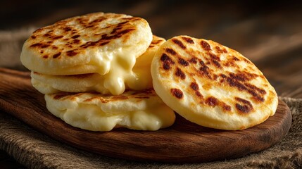 Freshly cooked cheesy flatbreads with golden-brown crust served on a wooden platter in a rustic setting