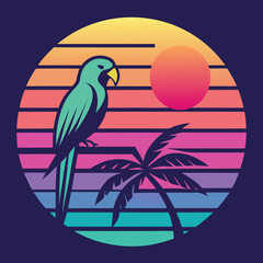 Retro Sunset Parrot Illustration Tropical Bird in 80s Style