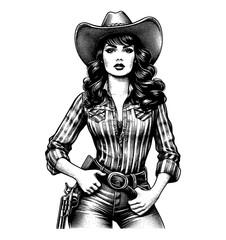 Obraz premium Cowgirl in Hat Holding Gun Wearing Striped Shirt and Jeans with Serious Expression Detailed Black and White Line Art