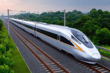 Fototapeta premium Modern high-speed train on tracks.