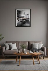 Brown couch, wooden dining table, black & white photos, grey wall, chic living space,  decor,  monochrome,  home