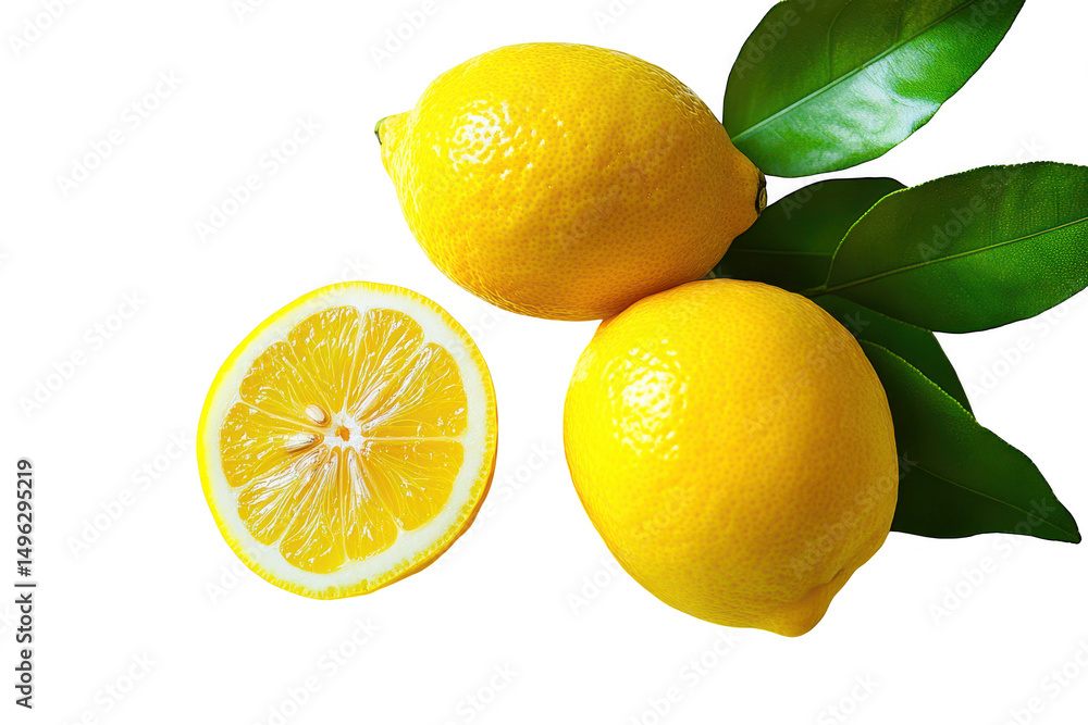 Poster close up of two whole lemons and a lemon slice on transparent background
