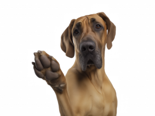 Great Dane with light tan coat and raised paw isolated on transparent background