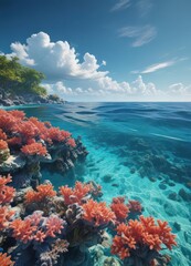 Serene blue ocean, sunlit clouds, vibrant coral reef below , wildlife, aquamarine