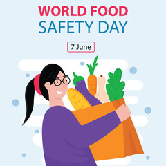 illustration vector graphic of a woman carrying a shopping bag filled with healthy food ingredients, perfect for international day, world food safety day, celebrate, greeting card, etc.