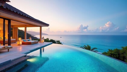 Fototapeta premium Luxury villa, infinity pool overlooking ocean, rental, property, resort