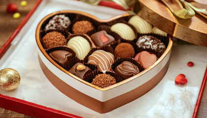 Elegant heart-shaped box of mixed assorted chocolates with chocolate, milk, caramel, bitter. Perfect gift for Valentine's Day