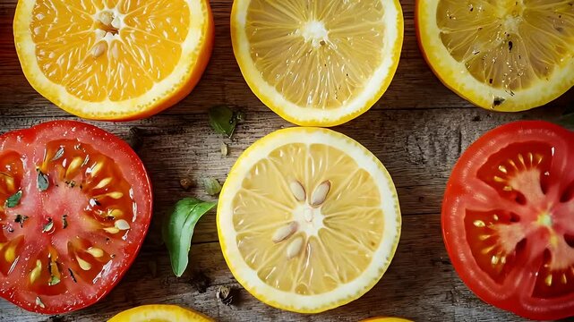 Sliced Citrus Assortment featuring Lemon Orange and Tomato on Weathered Wood Surface with Herbs and Peppercorns