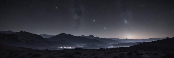 Starry expanse, infinite black, distant starlight shimmers ,  stars,  nebula
