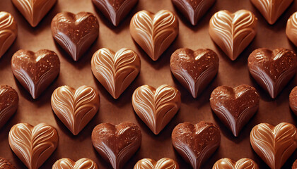 Fototapeta premium Elegant heart-shaped box of mixed assorted chocolates with chocolate, milk, caramel, bitter. Perfect gift for Valentine's Day