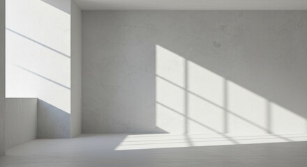 Fototapeta premium Empty, bright, minimalist interior. Sunlight casts shadows on the pale walls and floor
