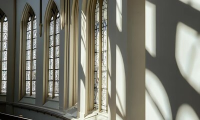 Stained Glass Windows in White Room with Sunlight and Leaf Shadows Creates a Serene Interior Architectural Design - Powered by Adobe
