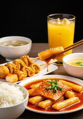 Homemade tteokbokki, fish cake skewers, bowl of soup and Orange iced drinks. Korean Street Food