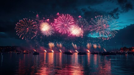Magnificent display of fireworks over a calm ocean, reflecting colorful lights