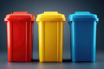 Three colored recycling bins against a neutral backdrop.