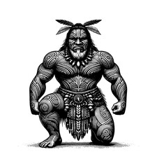 Obraz premium Fierce Maori Warrior in Squat Pose with Intricate Tattoo Design Black and White Detailed Illustration