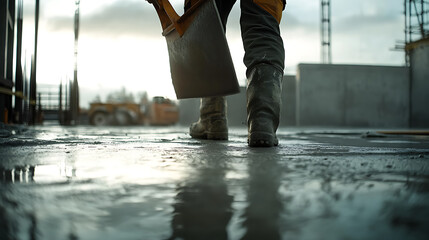 Construction Worker Carrying a Bucket on a Wet Site