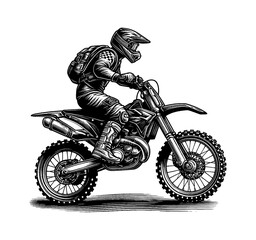 Detailed Black and White Engraving of a Person Riding a Motorcycle Wearing Helmet