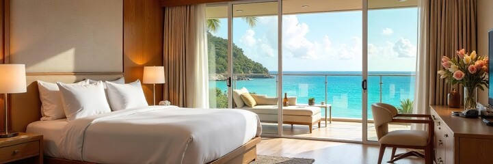 Obraz premium Luxurious honeymoon suite with ocean view, private balcony, and lavish amenities Perfect for romantic getaways and ultimate relaxation , suite, resort, unforgettable