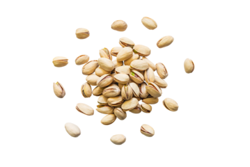 Roasted organic pistachio nuts with shell isolated on a transparent background without shadow, top view, png