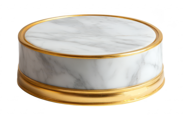 Round marble pedestal display stand with elegant gold trim for luxury product presentation isolated on a transparent background