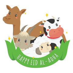 Happy eid al adha mubarak background, qurban farm animal vector illustration