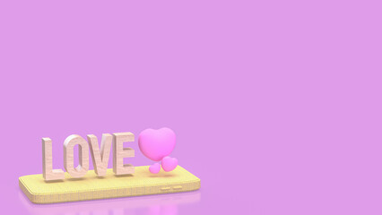 The Love wood text and Pink Heart on mobile  for  romance concept 3d Rendering.