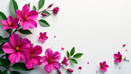 Bold fuchsia blossoms, scattered blooms, lush leaf accents, fuchsia, elegant, design