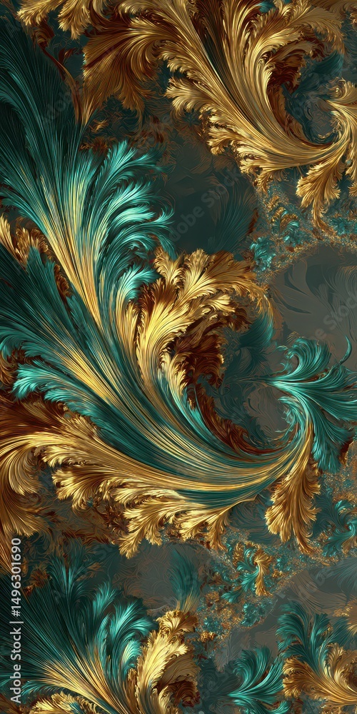Poster elegant abstract pattern with golden and teal swirls in intricate design ideal for backgrounds, text