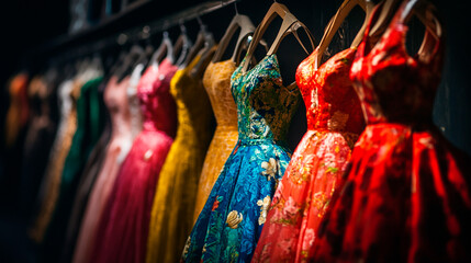 Colorful Dresses on Display Elegant Fashion Boutique for Special Occasions